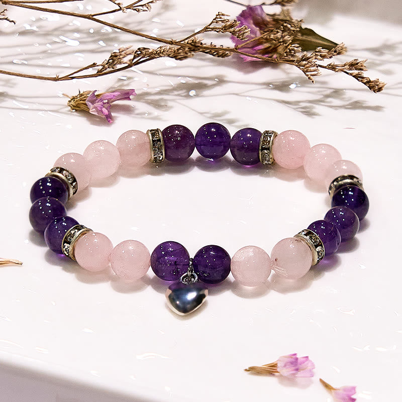 Olivenorma Amethyst Rose Quartz Heart Charm Beaded Bracelet