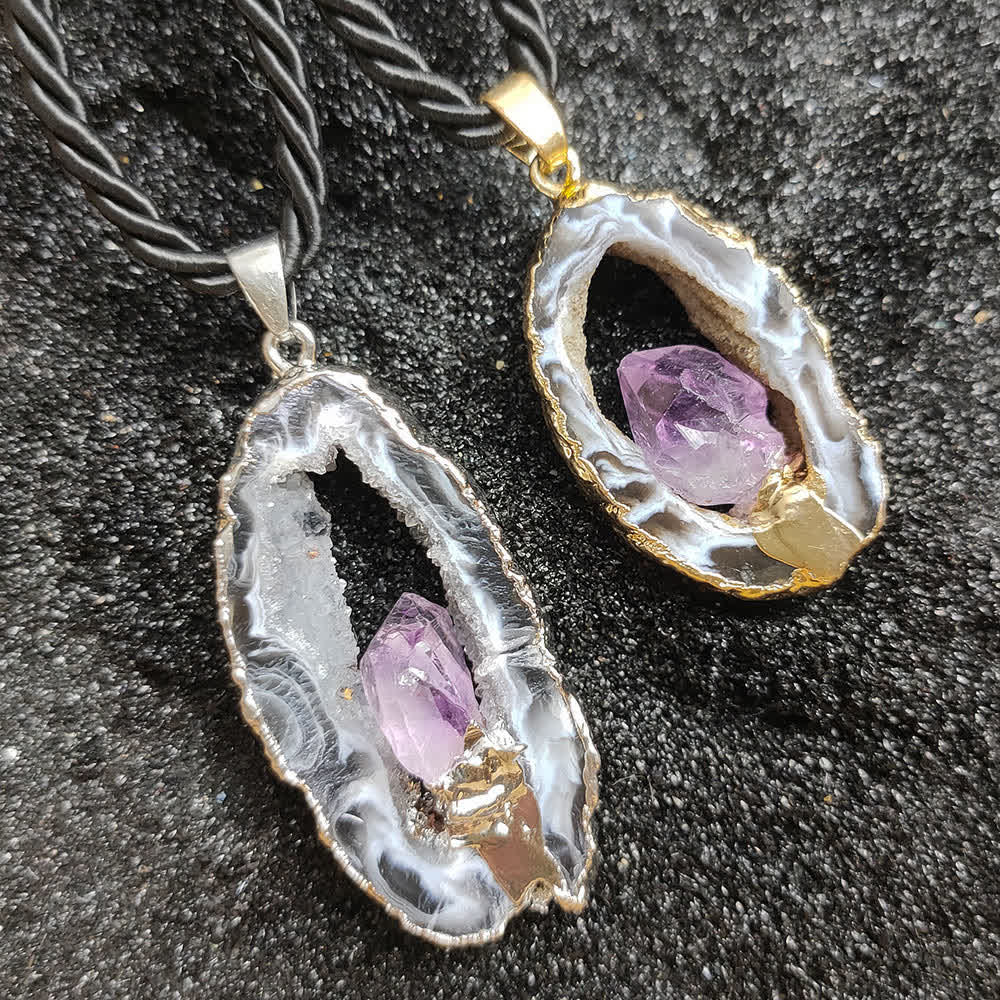 Olivenorma Amethyst White Agate Crystal Cave Pendant Necklace