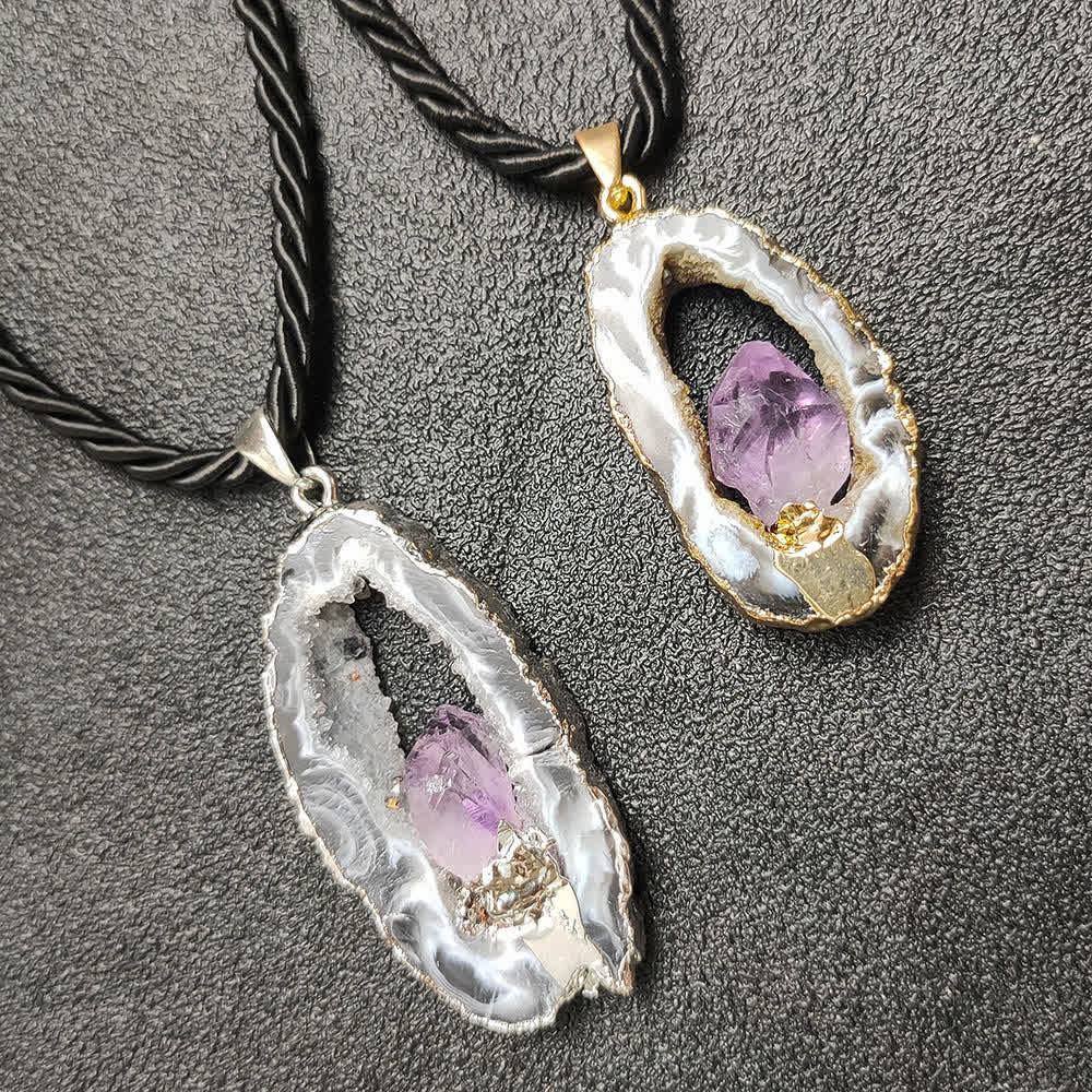 Olivenorma Amethyst White Agate Crystal Cave Pendant Necklace