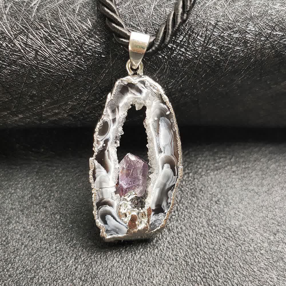 Olivenorma Amethyst White Agate Crystal Cave Pendant Necklace