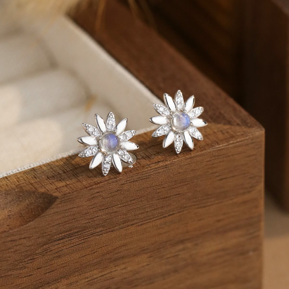 Olivenorma Sunflower Shaped Round Moonstone Stud Earrings