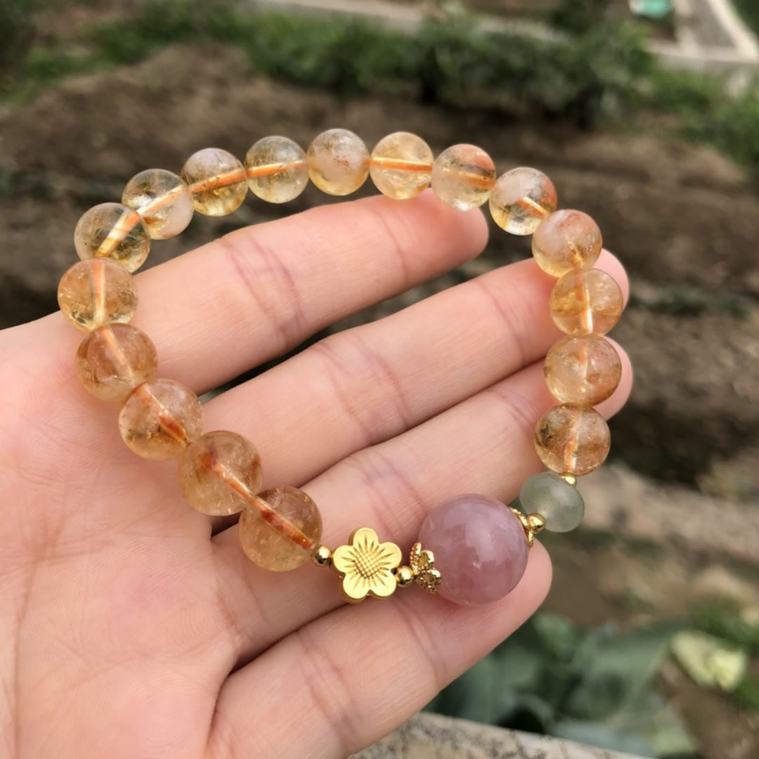 Olivenorma Natural Citrine Rose Quartz Flower Charm Beaded Bracelet