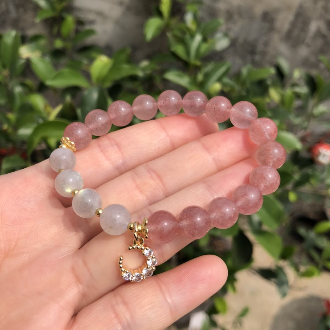 Olivenorma Natural Strawberry Quartz Labradorite Moon Charm Bracelet