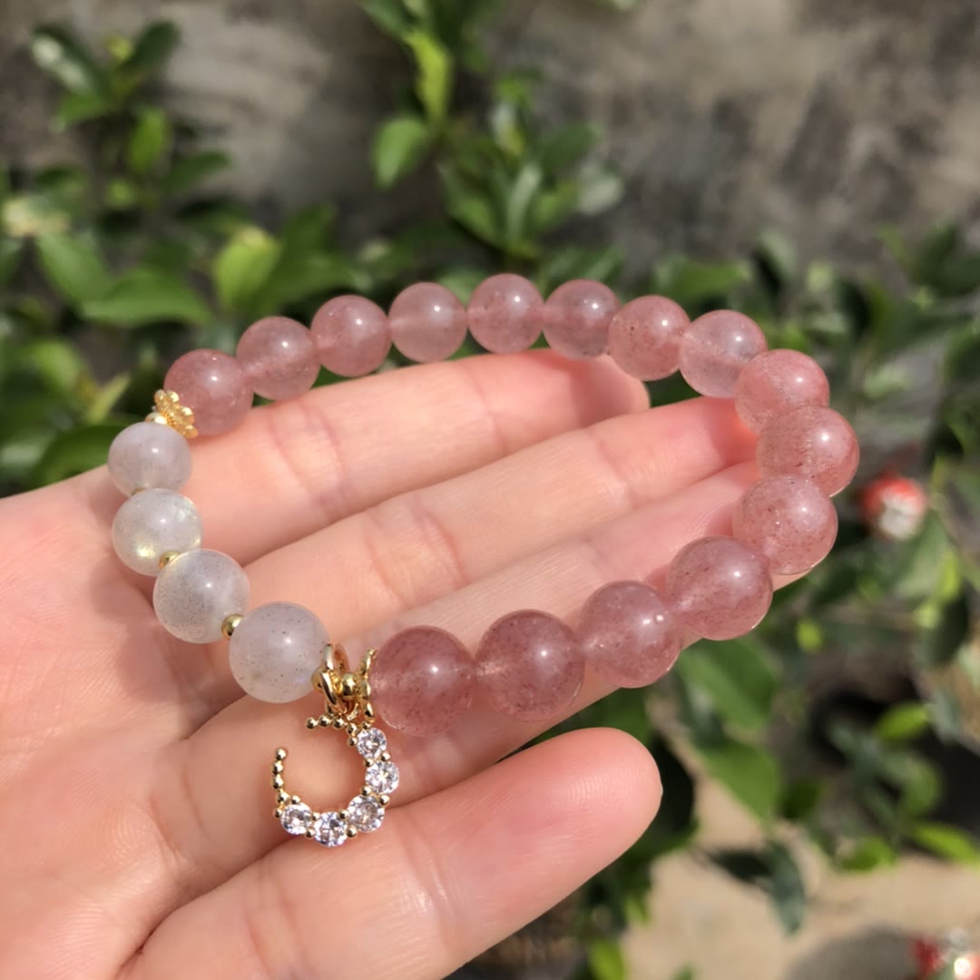 Olivenorma Natural Strawberry Quartz Labradorite Moon Charm Bracelet