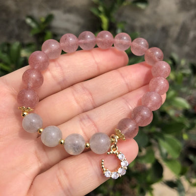 Olivenorma Natural Strawberry Quartz Labradorite Moon Charm Bracelet