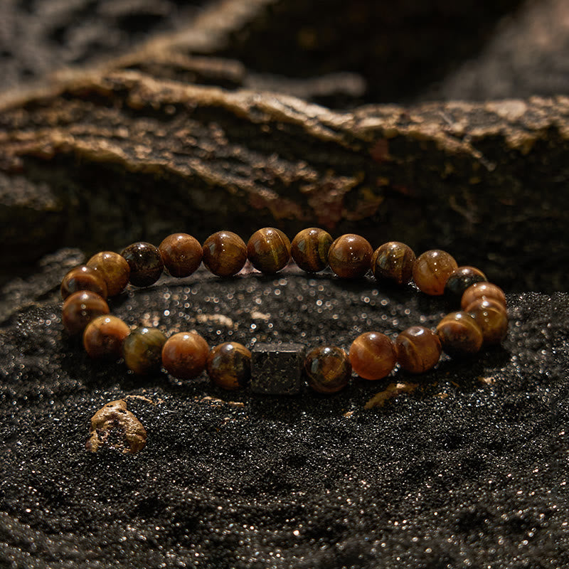 Olivenorma Cube Cut Lava Stone Tiger Eye Beaded Bracelet