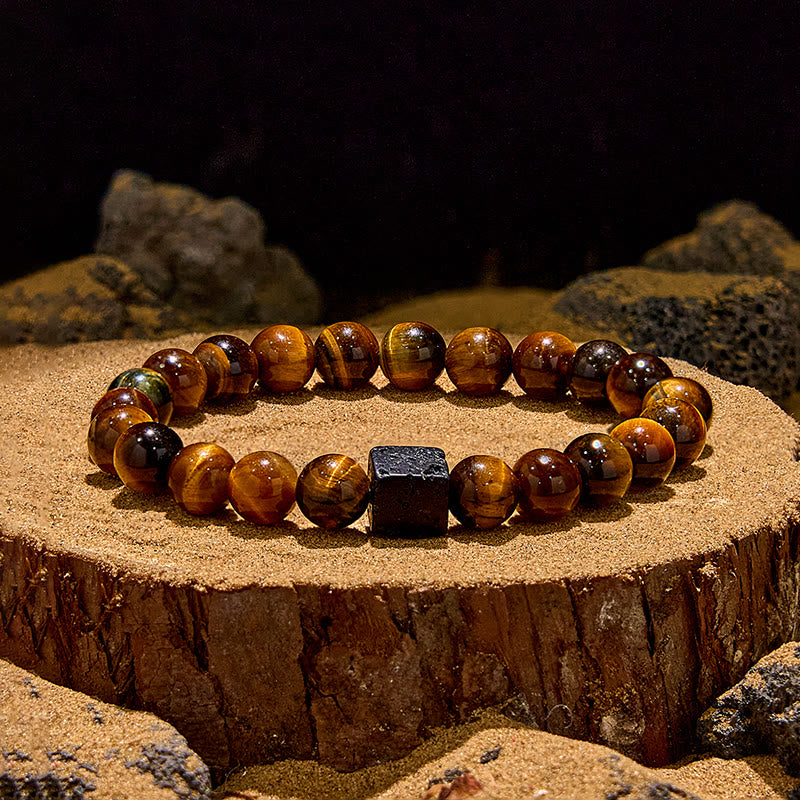 Olivenorma Cube Cut Lava Stone Tiger Eye Beaded Bracelet