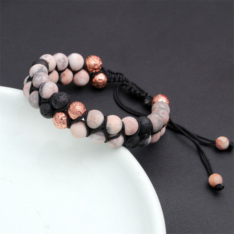 Olivenorma 2 Layers Lava Stone Pink Zebra Jasper Braided Bracelet