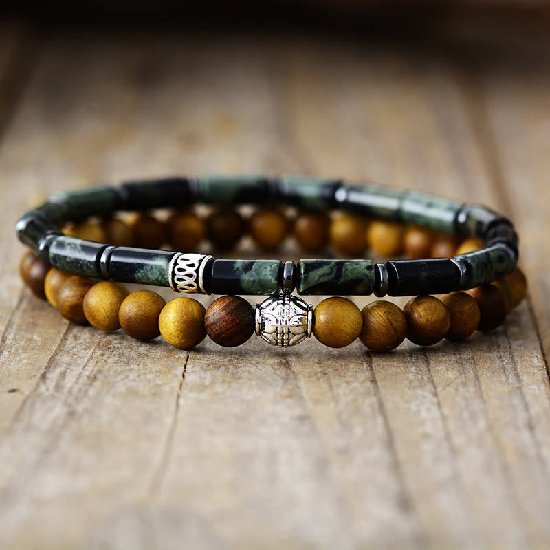 Olivenorma 2Pcs Natural Malachite Wood Stacked Beaded bracelet