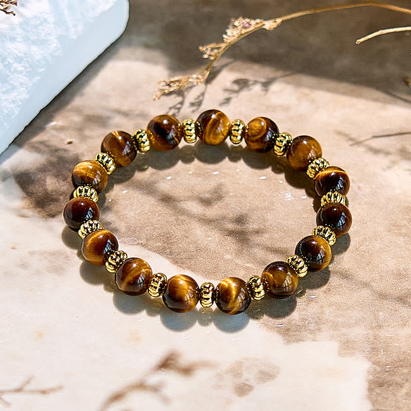 Olivenorma Natural Tiger Eye Gold Metal Beaded Bracelet