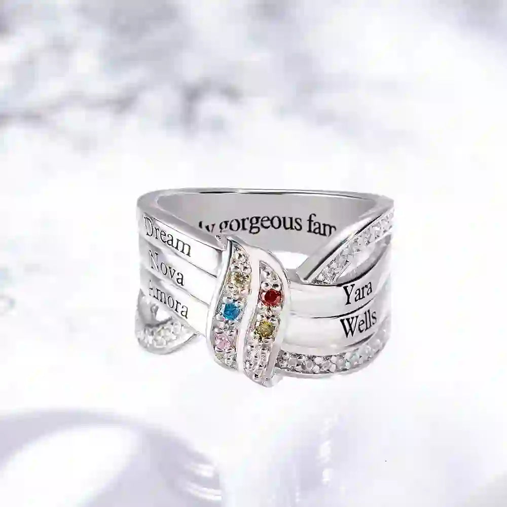 Olivenorma Birthstones Personalized Engraved Names Ribbon Knot Ring