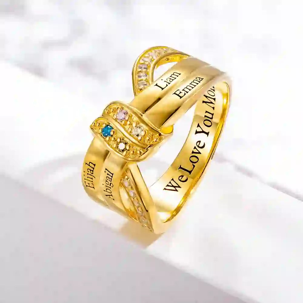 Olivenorma Birthstones Personalized Engraved Names Ribbon Knot Ring