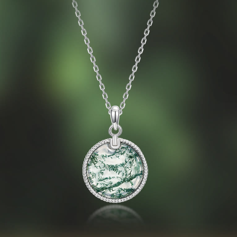 Olivenorma Natural Moss Agate Round Pendant Necklace