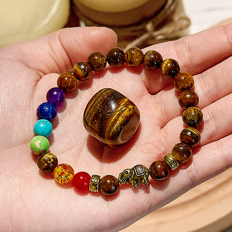 Olivenorma Chakra Tiger Eye Elephant Pendant Beaded Bracelet