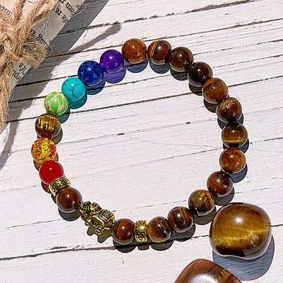 Olivenorma Chakra Tiger Eye Elephant Pendant Beaded Bracelet