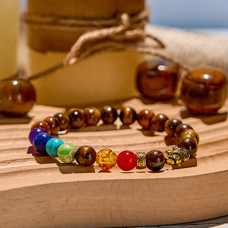 Olivenorma Chakra Tiger Eye Elephant Pendant Beaded Bracelet