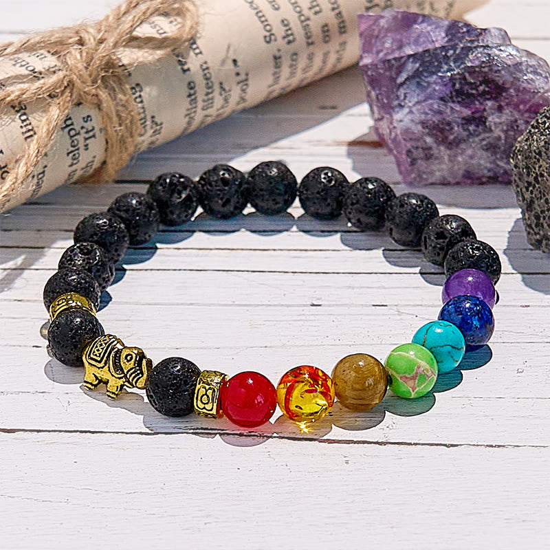 Olivenorma Lava Stone Chakra Elephant Pendant Beaded Bracelet