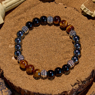 Olivenorma Hematite Tiger Eye Obsidian Alloy Bead Bracelet