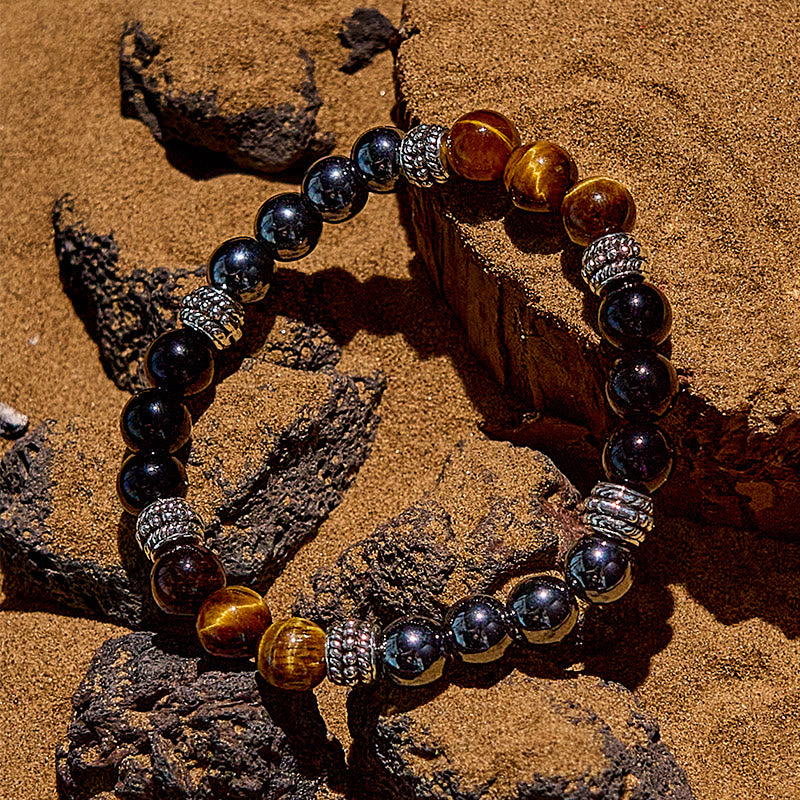 Olivenorma Hematite Tiger Eye Obsidian Alloy Bead Bracelet