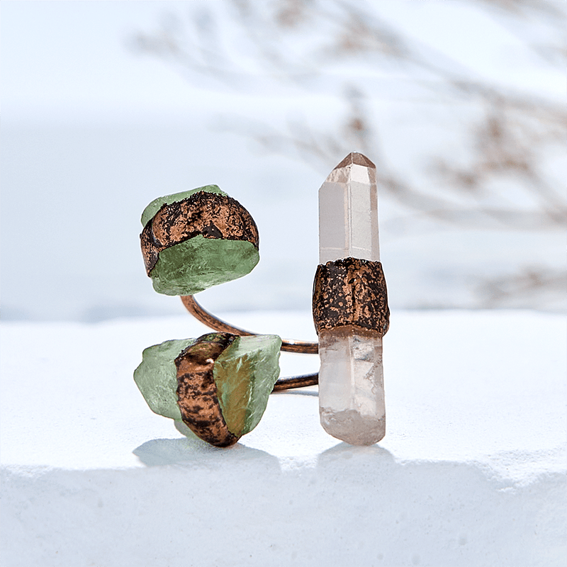 Olivenorma Clear Quartz Green Fluorite Adjustable Ring