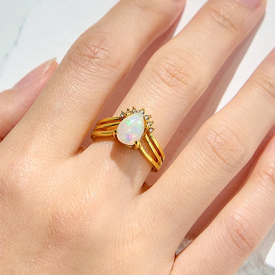 Olivenorma Natural Opal Inlaid Zircon Ring