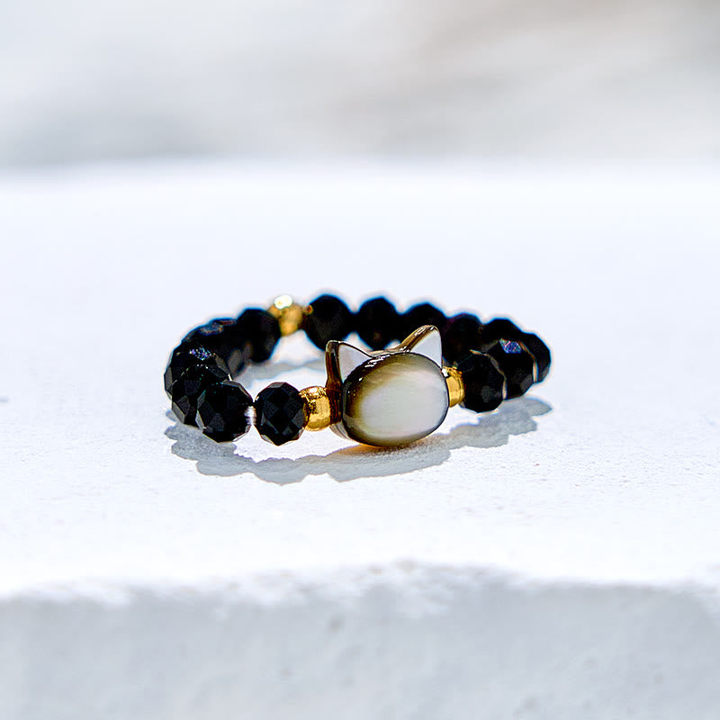 Olivenorma Natural Obsidian Clear Crystal Kitten Beaded Ring