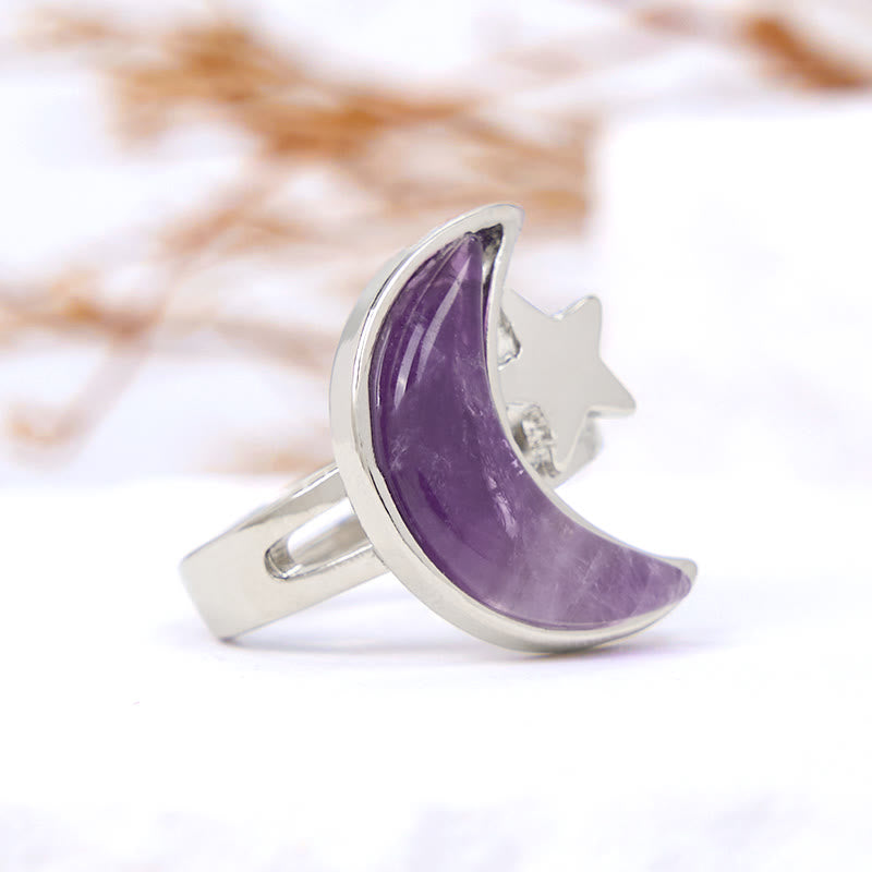 Olivenorma Natural Amethyst Moon Star Ring