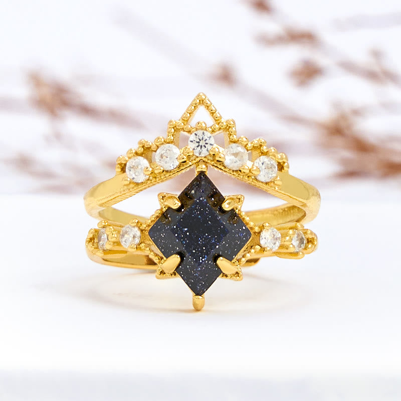 Olivenorma "Princess Crown" 2 Pcs Blue Sandstone Ring Set