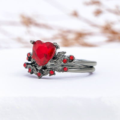 Olivenorma 2Pcs Heart Ruby Quartz Black Ring Set