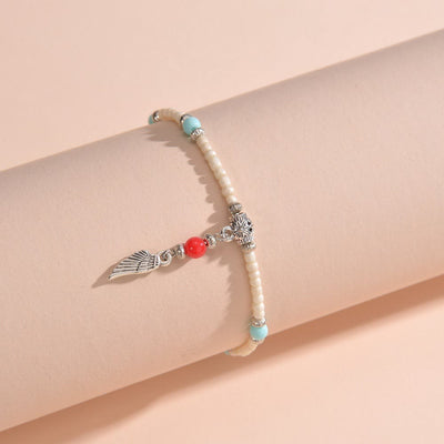 Olivenorma White Turquoise Beaded Metal Feather Pendant Anklet