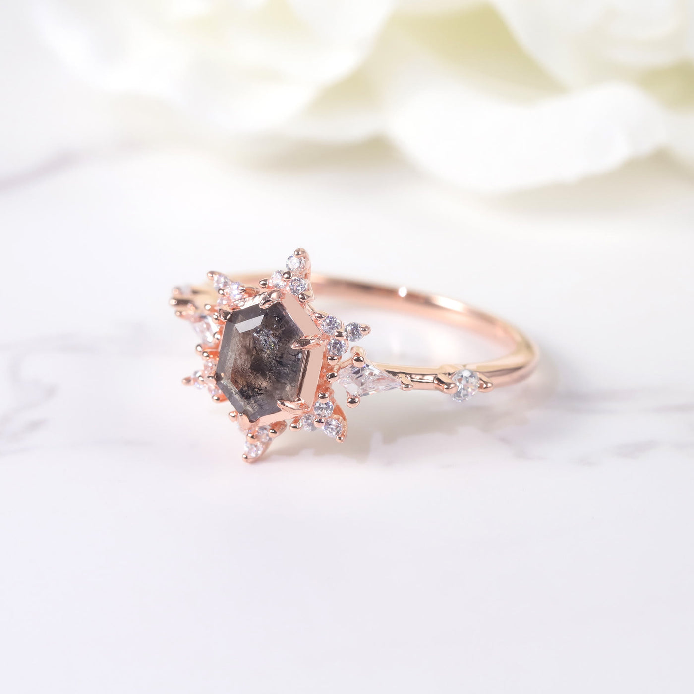 Olivenorma Salt & Pepper Herkimer Diamond Snowflake Engagement Ring