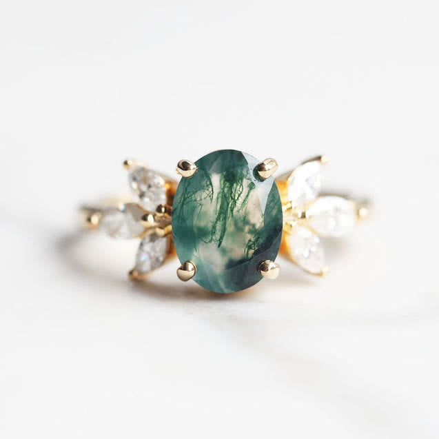 Olivenorma Oval Cut Moss Agate Zircon Leaf Ring