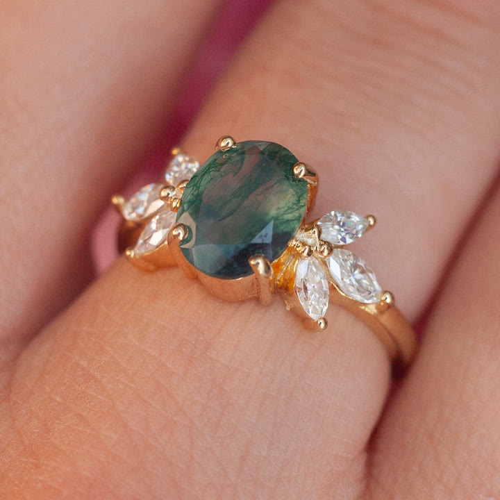 Olivenorma Oval Cut Moss Agate Zircon Leaf Ring