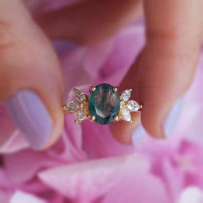 Olivenorma Oval Cut Moss Agate Zircon Leaf Ring