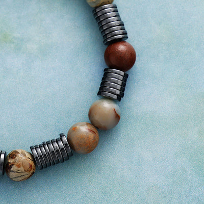 Olivenorma 8mm Agalmatolite Hematite Unakite Beads Bracelet