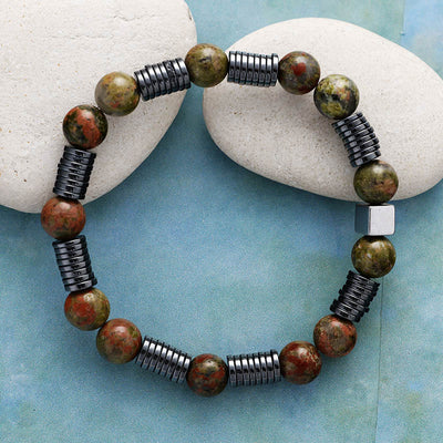 Olivenorma 8mm Agalmatolite Hematite Unakite Beads Bracelet