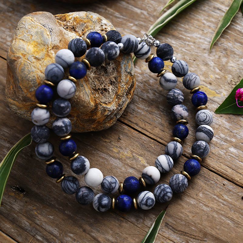 Olivenorma Lapis Lazuli Black Silk Stone Beaded Necklace