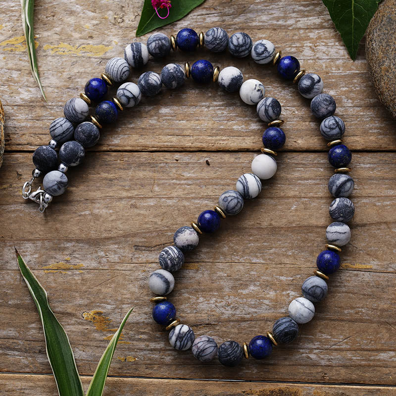 Olivenorma Lapis Lazuli Black Silk Stone Beaded Necklace