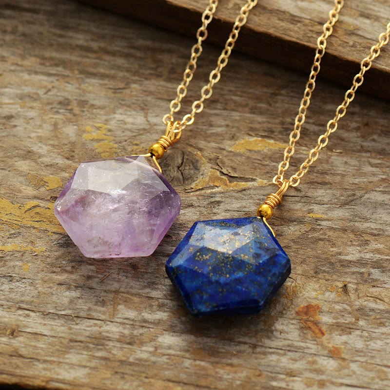 Olivenorma Hexagonal Cut Natural Stone Pendant Necklace