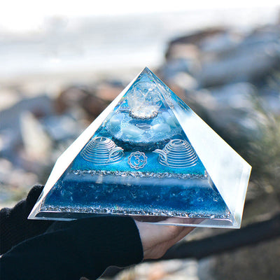 Olivenorma "Atlantis" Clear Crystal Aquamarine Orgone Pyramid