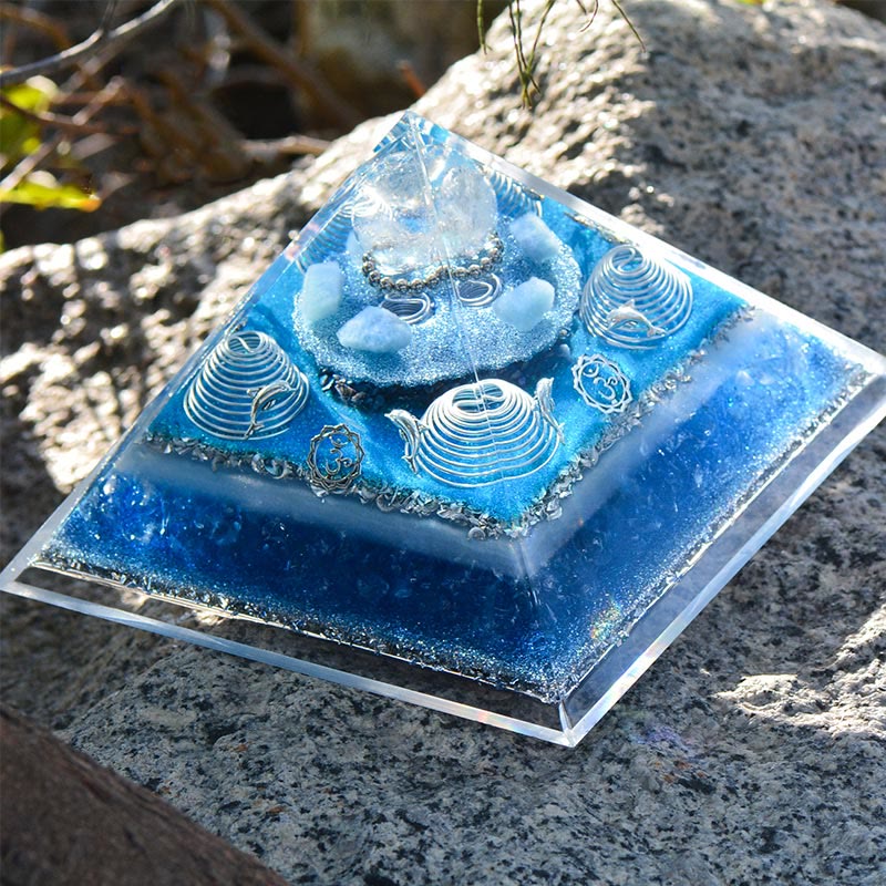 Olivenorma "Atlantis" Clear Crystal Aquamarine Orgone Pyramid