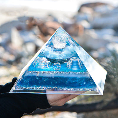 Olivenorma "Atlantis" Clear Crystal Aquamarine Orgone Pyramid