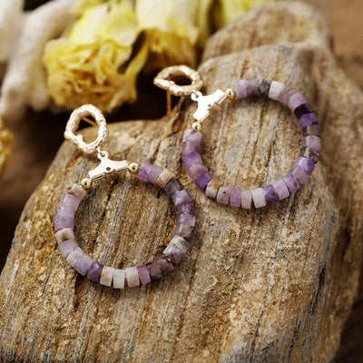Olivenorma Agalmatolite Amethyst Blue Turquoise Wheel Beads Annulus Earrings