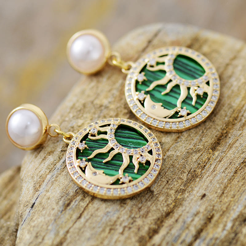 Olivenorma Malachite Freshwater Pearl Sun Moon Pattern Earrings