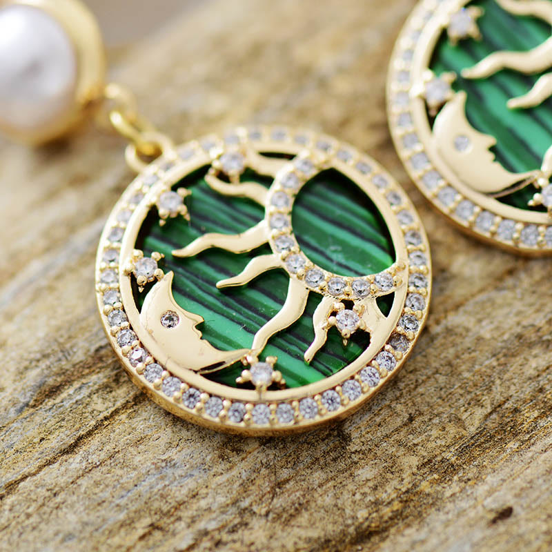 Olivenorma Malachite Freshwater Pearl Sun Moon Pattern Earrings