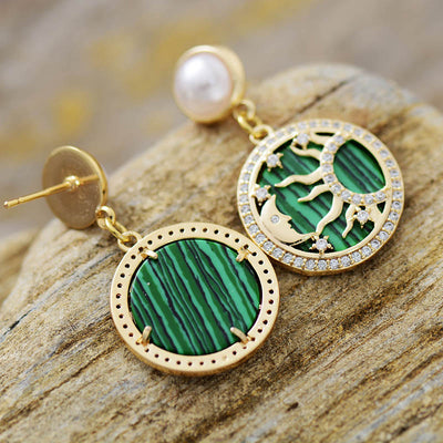 Olivenorma Malachite Freshwater Pearl Sun Moon Pattern Earrings