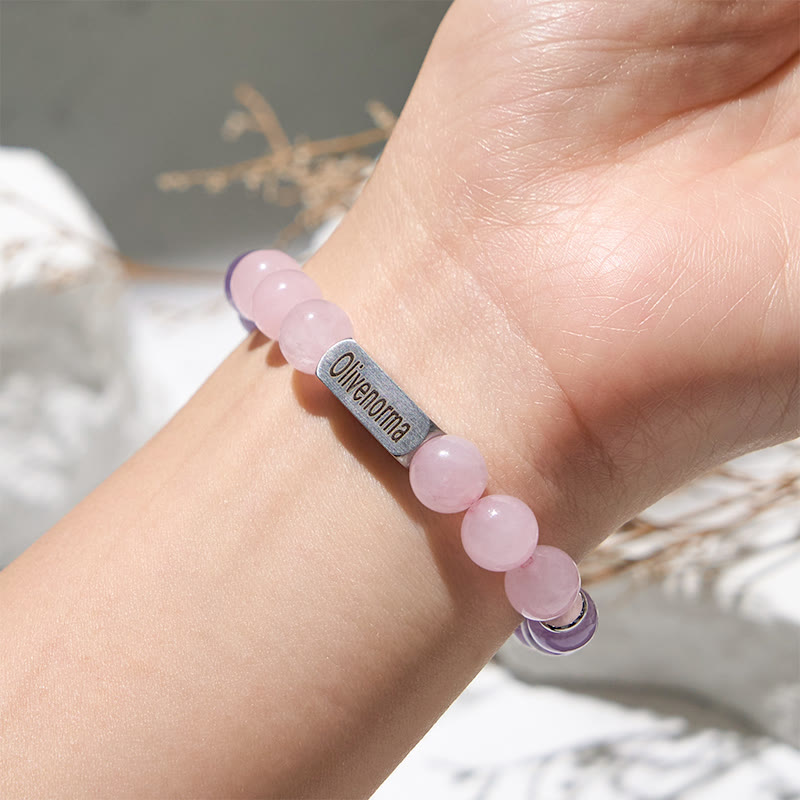 Olivenorma Amethyst Rose Quartz Beaded Engraved Bracelet
