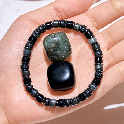 Olivenorma Lava Stone Hematite Labradorite Roller Bead Bracelet