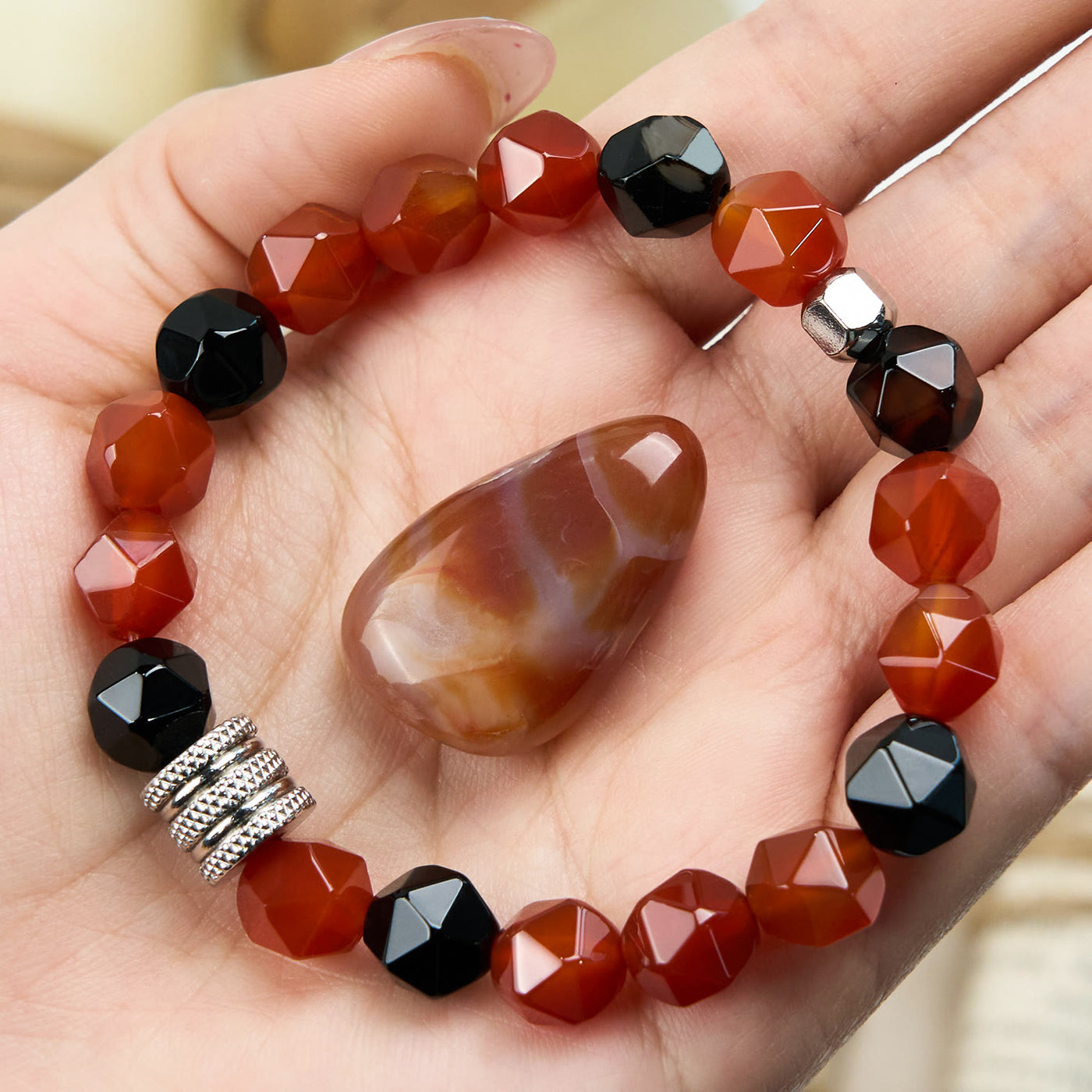 Olivenorma Natural Black Onyx Carnelian Beaded Bracelet