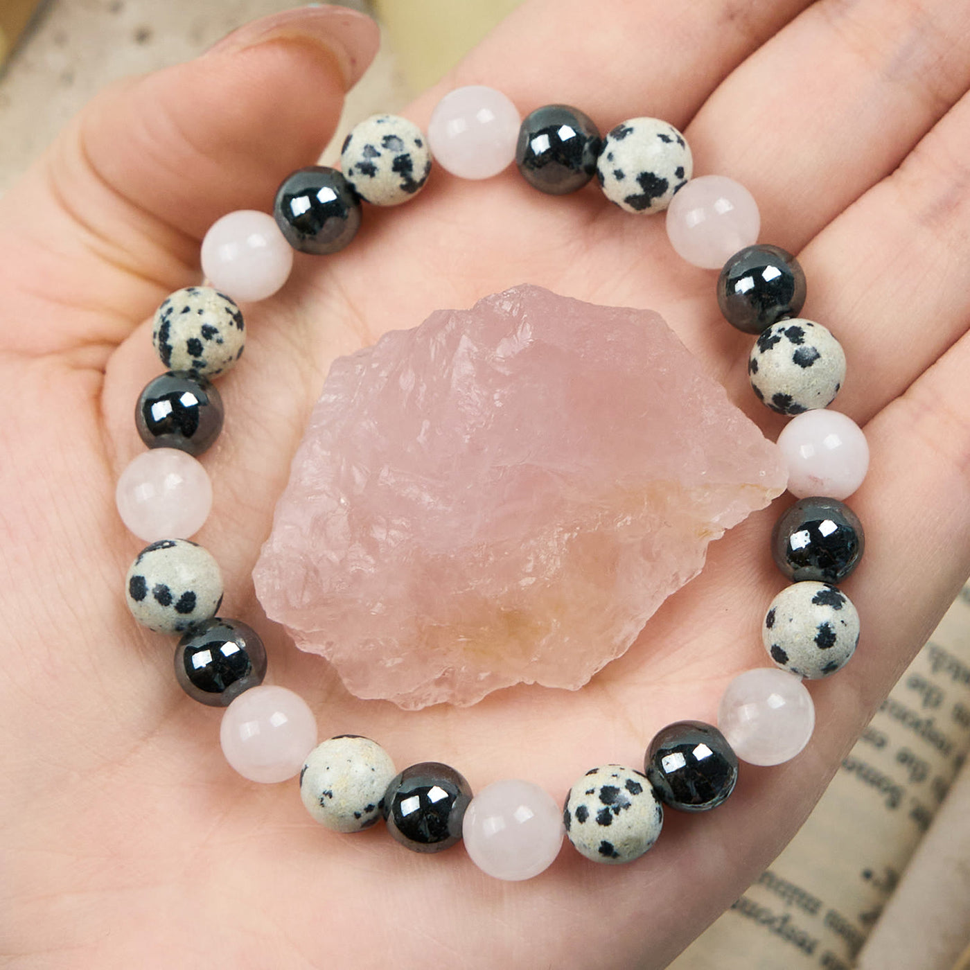 Olivenorma Hematite Dalmatian Jasper Rose Quartz Beads Bracelet